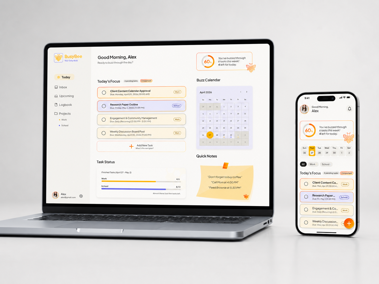 BusyBee productivity app mockup